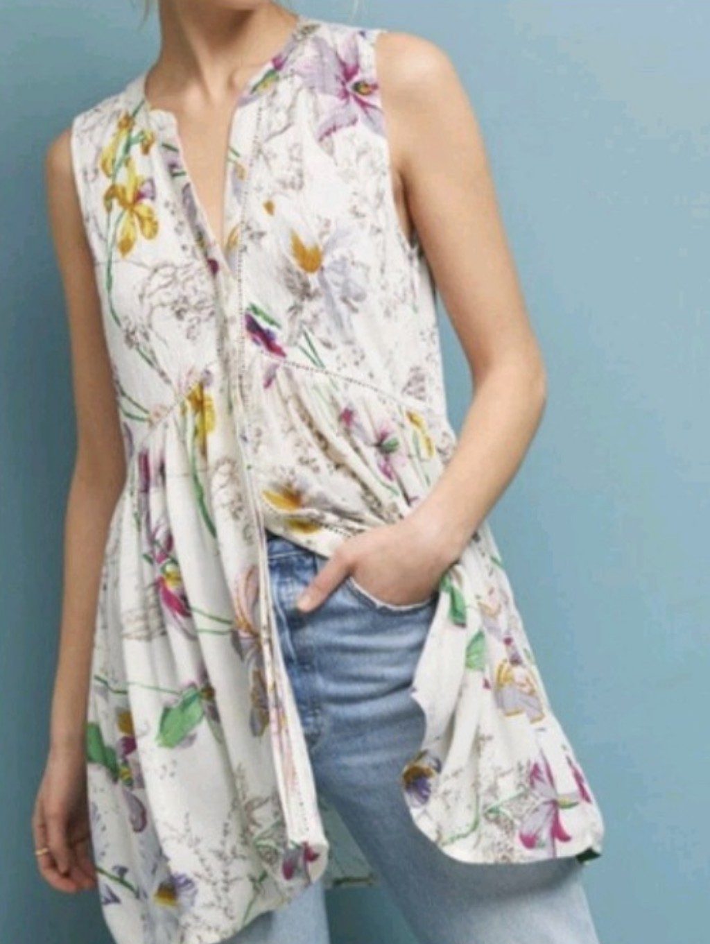 Anthropologie Nia Floral Button-Down High-Low Tunic Top Sz M
